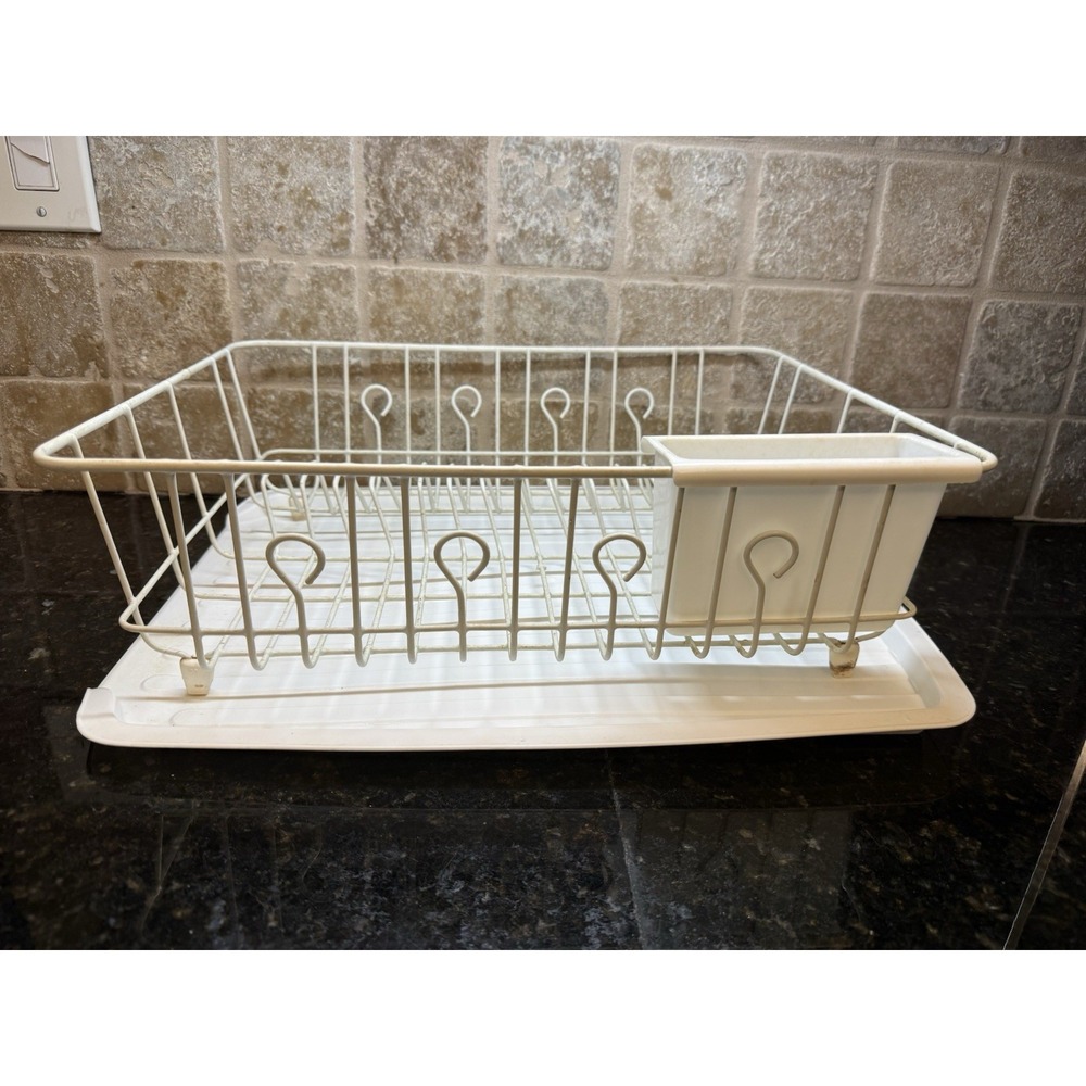 Vintage Rubbermaid White Coated Dish Drying Rack W/Silverware Cup & Drain Mat - Picture 4 of 16